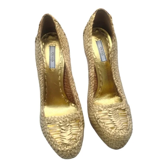 PRADA | Raffia Platform Pumps Beige Gold Heels Size 38 Italy - Picture 7 of 9